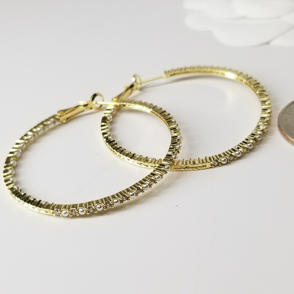 NEW Gold Pave CZ Diamond Pearl Hoop Earrings - Picture 7 of 8